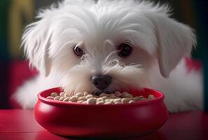 linda maltés perrito comiendo desde cuenco - generativo ai. foto