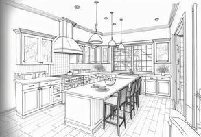 arquitectónico áspero exploración dibujo de un personalizado cocina interior - generativo ai. foto