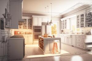 arquitectónico áspero exploración dibujo de un personalizado cocina interior - generativo ai. foto