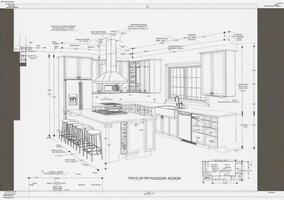 Architectural Drawing with Mock Text and Descriptions of a Custom Kitchen - . photo