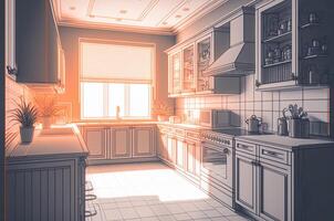 arquitectónico áspero exploración dibujo de un personalizado cocina interior - generativo ai. foto