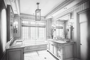 Architectural Rough Exploration Drawing of a Custom Bathroom Interior - Generative AI. photo