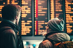 Unhappy and Stressed Young Adult Couple At Airport Viewing Cancelled Flights on Flight Information and Airport Display Board - . photo