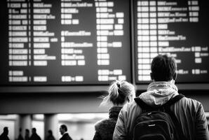 infeliz y estresado joven adulto Pareja a aeropuerto visita cancelado vuelos en vuelo información y aeropuerto monitor tablero - generativo ai. foto