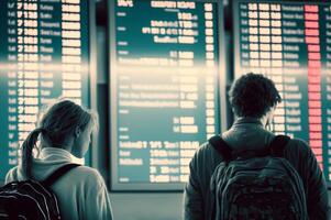 Unhappy and Stressed Young Adult Couple At Airport Viewing Cancelled Flights on Flight Information and Airport Display Board - . photo