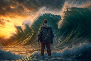 Disheartened Man Standing in the Midst of Turbulent Crashing Waves. Feeling of Overwhelming Demands - . photo