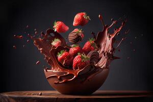 Dripping Chocolate Covered Strawberries Splashing into Chocolate Bowl - . photo