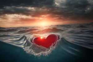 Large Red Heart Precariously Drifting In Tumultuous Ocean on Stormy Day - . photo