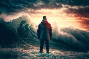 Disheartened Man Standing in the Midst of Turbulent Crashing Waves. Feeling of Overwhelming Demands - . photo