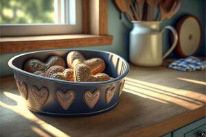 Heart Shaped Valentine's Day Cookies In Tin Bowl In Warm Kitchen - .- . photo