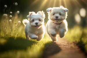 Two Beautiful Maltese Puppies Running in Field of Grass - . photo