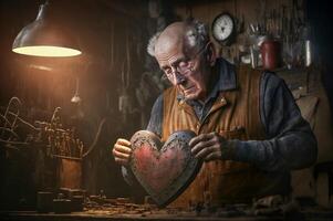 Elderly Senior Caucasian Man At Work Bench Repairing Broken Heart - . photo