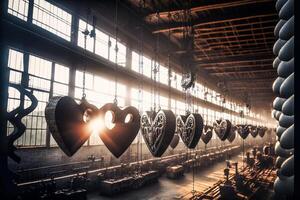 Valentine's Day Heart Shaped Products Hanging In Factory at Production Line - . photo