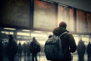 Unhappy and Stressed Young Adult Man At Airport Viewing Cancelled Flights on Flight Information and Airport Display Board - . photo