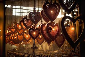Valentine's Day Heart Shaped Products Hanging In Factory at Production Line - . photo
