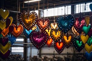 Colorful Valentine's Day Heart Shaped Products Hanging In Factory - . photo