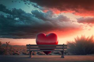 Lonely Heart Sitting Alone on Park Bench At Sunset - . photo