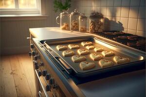 corazón conformado San Valentín día galletas en horneando pan Fresco fuera de el horno en calentar cocina - generativo ai. foto