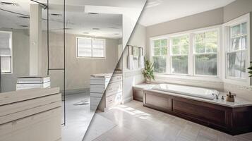 lujoso personalizado baño potenciar interior antes de y después construcción - generativo ai. foto