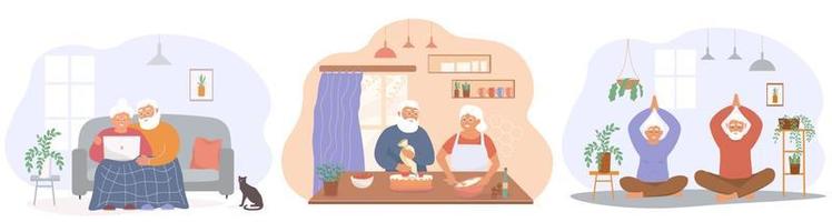 A set of flat images of an elderly couple at home. Old people are watching a laptop, sitting on the couch under a blanket, cooking in the kitchen, doing exercises. Pensioners are active together. vector