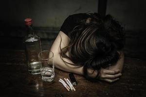 Asian woman drink vodka alone at home on night time,Thailand people,Stress woman drunk concept photo