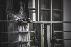 Portrait of asian woman make up ghost,Scary horror scene for background,Halloween festival concept,Ghost movies poster,angry spirit in the apartment photo