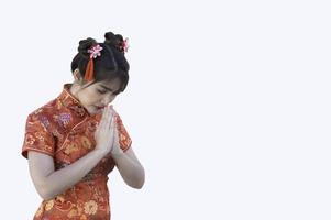 Portrait beautiful asian woman in Cheongsam dress,Thailand people,Happy Chinese new year concept,Happy  asian lady in chinese traditional dress photo