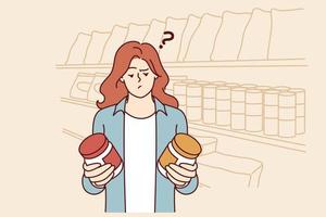 Doubting woman standing in grocery store with two similar cans and reading composition before buying. Girl has doubts buying honey or peanut butter and needs help of consultant working in supermarket vector