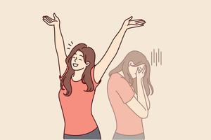 Positive woman raises hands up and rejoices having got rid of bad emotions and depression spoiling mood. Crying doppelganger behind girl for concept of mood swings or split personality vector