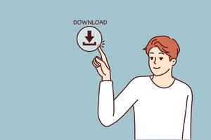 Young man presses download button on screen for concept of web content consumption and network use. Guy downloads information from Internet using cloud storage or torrent clients with media files vector