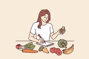 Woman near table with vegetables makes notes in notebook counting calories or making plan for new keto diet. Girl takes care of diet by choosing only organic vegetables grown by farmers vector