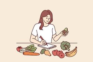 mujer cerca mesa con vegetales hace notas en cuaderno contando calorías o haciendo plan para nuevo ceto dieta. niña toma cuidado de dieta por elegir solamente orgánico vegetales crecido por agricultores vector