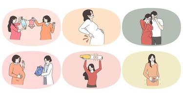 Set of women with belly excited with planned pregnancy. Collection of female unhappy with miscarriage. Pregnant lady expect good happy motherhood. Maternity and ivf. Flat vector illustration.