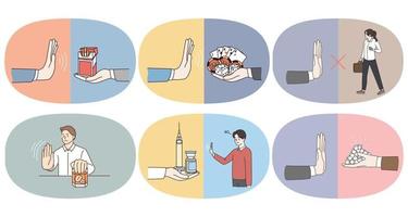 Set of person show no hand gesture refuse from bad habit. Collection of people reject negative life choices or options. Gambling, junk food and alcohol addiction problem. Vector illustration.