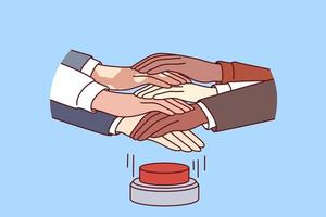 Hands of diverse men and women press red button at same time for project startup business concept. Hands of people of different races working in same company or corporation and doing joint management vector