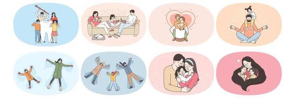 Happy parents with small children have fun relax together on winter holidays at home and outdoor. Smiling family with kids play rest on lockdown or quarantine show love. Flat vector illustration, set.