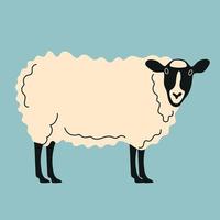 Flat vector illustration of a sheep. A domestic animal with thick woolen fur and black ears. Animal husbandry