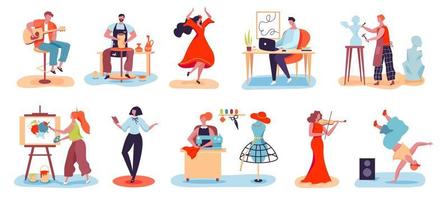 Artistic people. Men and women with creative professions musician, artist, designer, potter, sculptor. Characters enjoying their hobby vector set