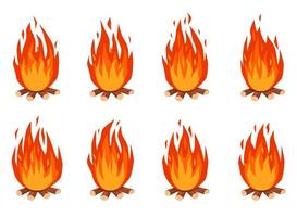 Bonfire animation. Cartoon burning campfire with firewood. Fire flames effect animated sprites frames for ui game design vector set