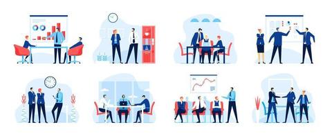 Office business meeting. Business team working in office. Conference, presentation, corporate training, brainstorming vector concept set