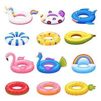 Swimming toy. Cartoon rubber inflatable rings in various shapes unicorn, flamingo, watermelon. Pool accessories beach inflatables toys vector set