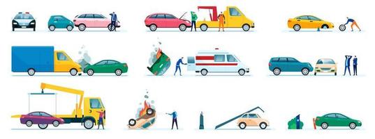 Car accidents. Damaged or crashed transport, vehicles collision. Driver calling insurance company. Road accident with cars and drivers vector set