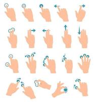 Touch screen gestures. Tablet or smartphone hand gesture swipe, touch, click, zoom. Cartoon touchscreen devices hand motion icon vector set