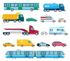 Urban transports. Bus, taxi, police car, passenger car, van, truck, train. Flat transportation, public vehicle, city transport vector set