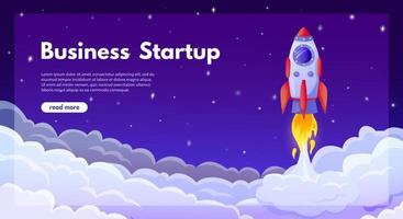 Business startup launch. Starting new project concept with rocket launching in sky. Cartoon successful product release vector landing page