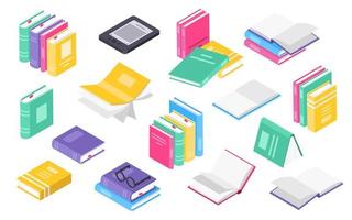 Isometric 3d book. Stacks or piles of books, open textbooks with bookmark, ebook. University library education literature icon vector set