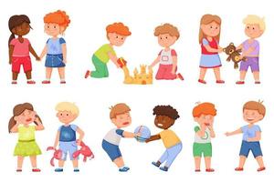 Kids good and bad behavior. Friends sharing toys, playing together, holding hands. Angry children fighting, bullying friend cartoon vector set