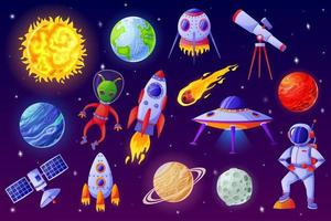 Cartoon space elements. Alien, ufo spaceship, rocket, astronaut, asteroid, satellite, telescope. Colorful universe cosmic element vector set