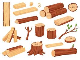 Cartoon wood log. Tree trunks, stumps, planks, piled firewood, branches with leaves. Hardwood timber materials for lumber industry vector set