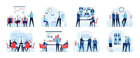 Business meeting. Office workers at video conference meeting. Businesspeople working together. Successful partnership, teamwork vector concept set